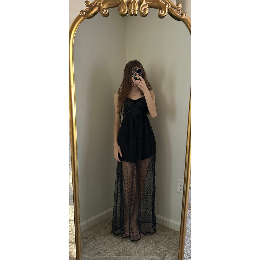 NWT Vintage Indulgence Black Sheer Lace Polka Dot Floral Ribbon Night Slip Dress